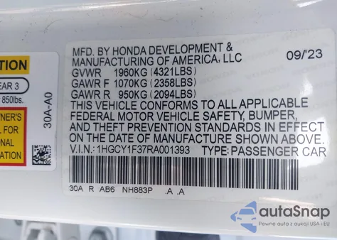2024 Honda Accord Ex from USA, damaged, VIN 1HGCY1F37RA001393